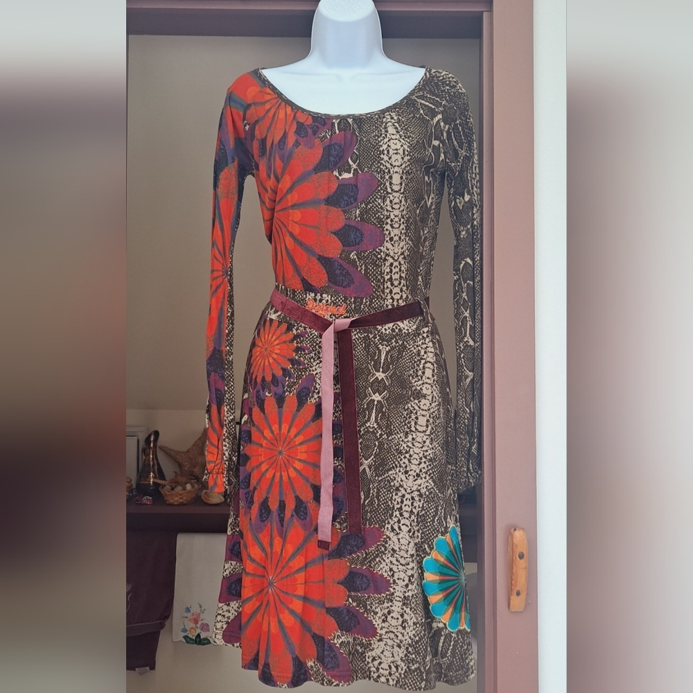 Desigual Grey & Orange Snakeskin and Floral Bodycon Dress SMALL NWT